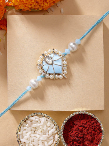 KARATCART Special Blue Meenakari Handmade Heart Shape Kundan Rakhi for Brother with Roli & Chawal