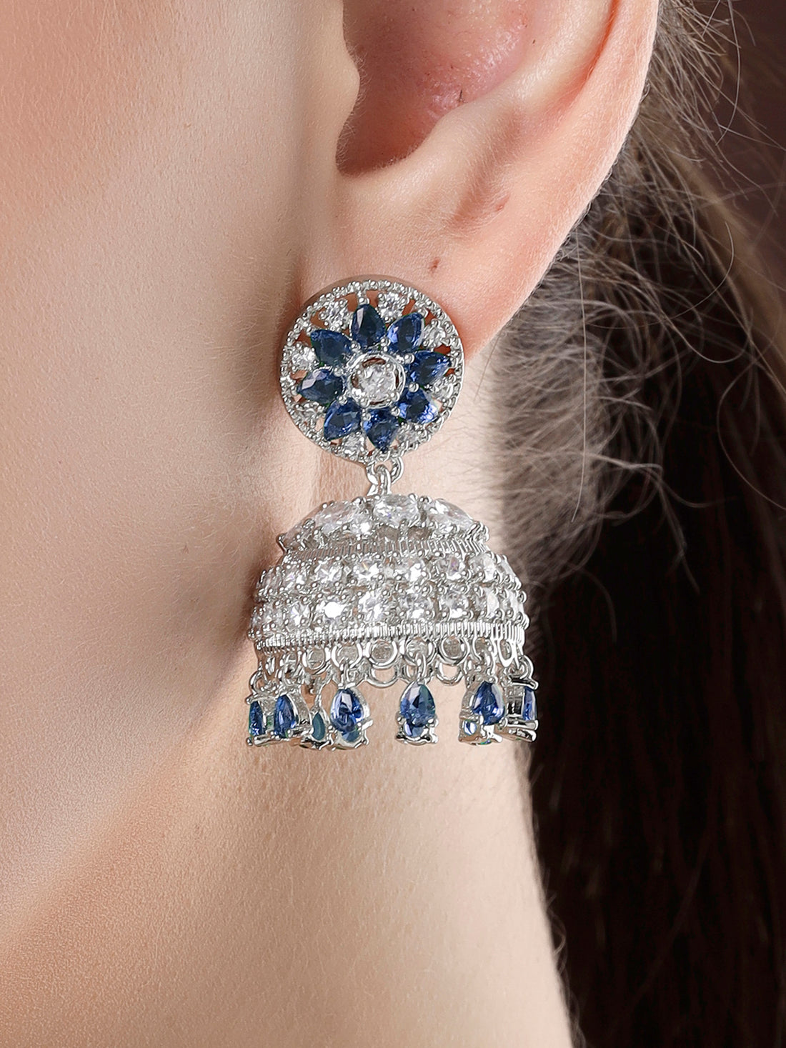 Karatcart Sparkling Silver Plated Blue American Diamond Jhumki Earrings for Women
