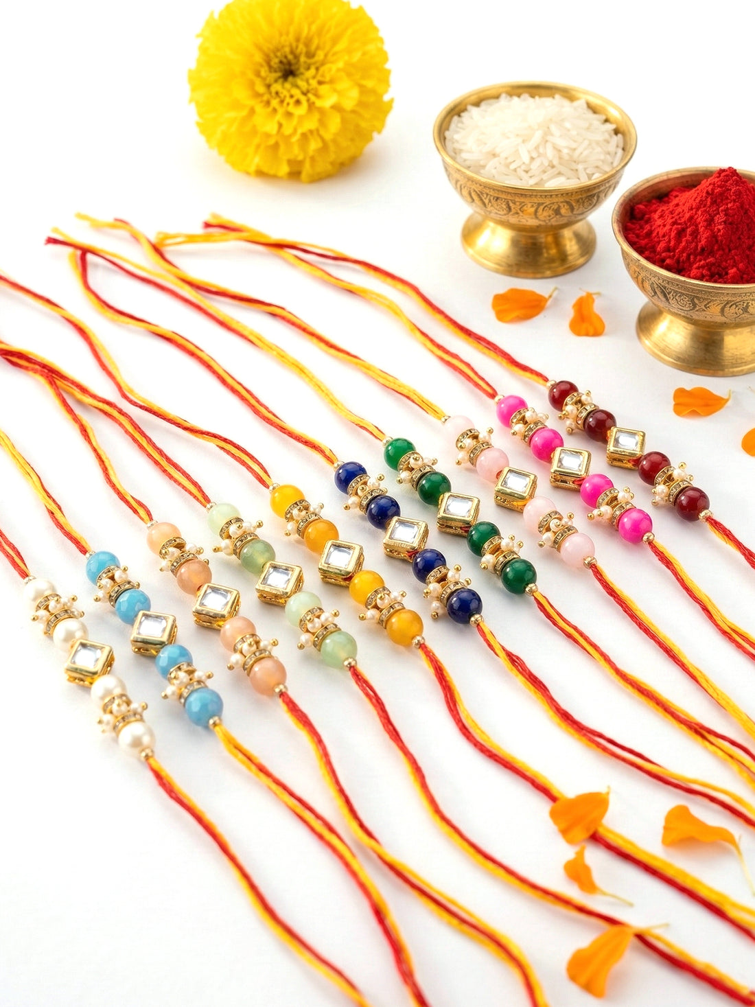 KARATCART Set of 10 Designer Square Kundan Multicolor Beaded Rakhi for Brother with Roli & Chawal