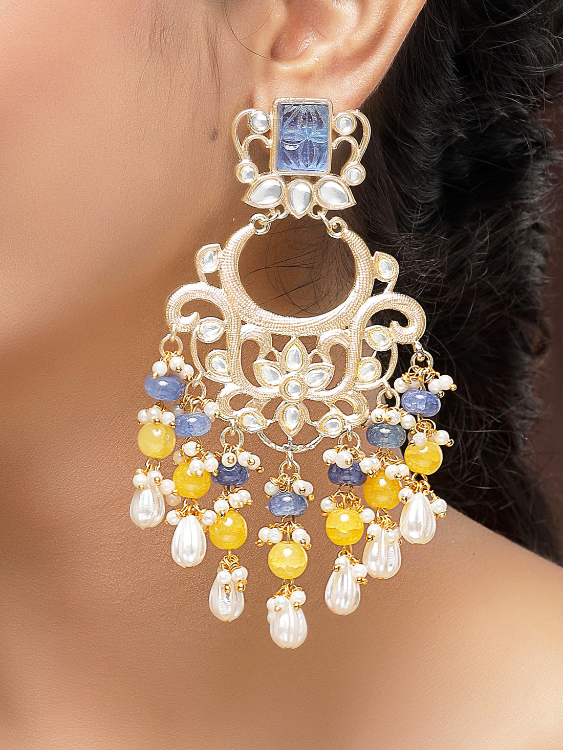 KARATCART Designer Gold-Plated Blue and Yellow Bead Kundan Dangler Earrings for Women