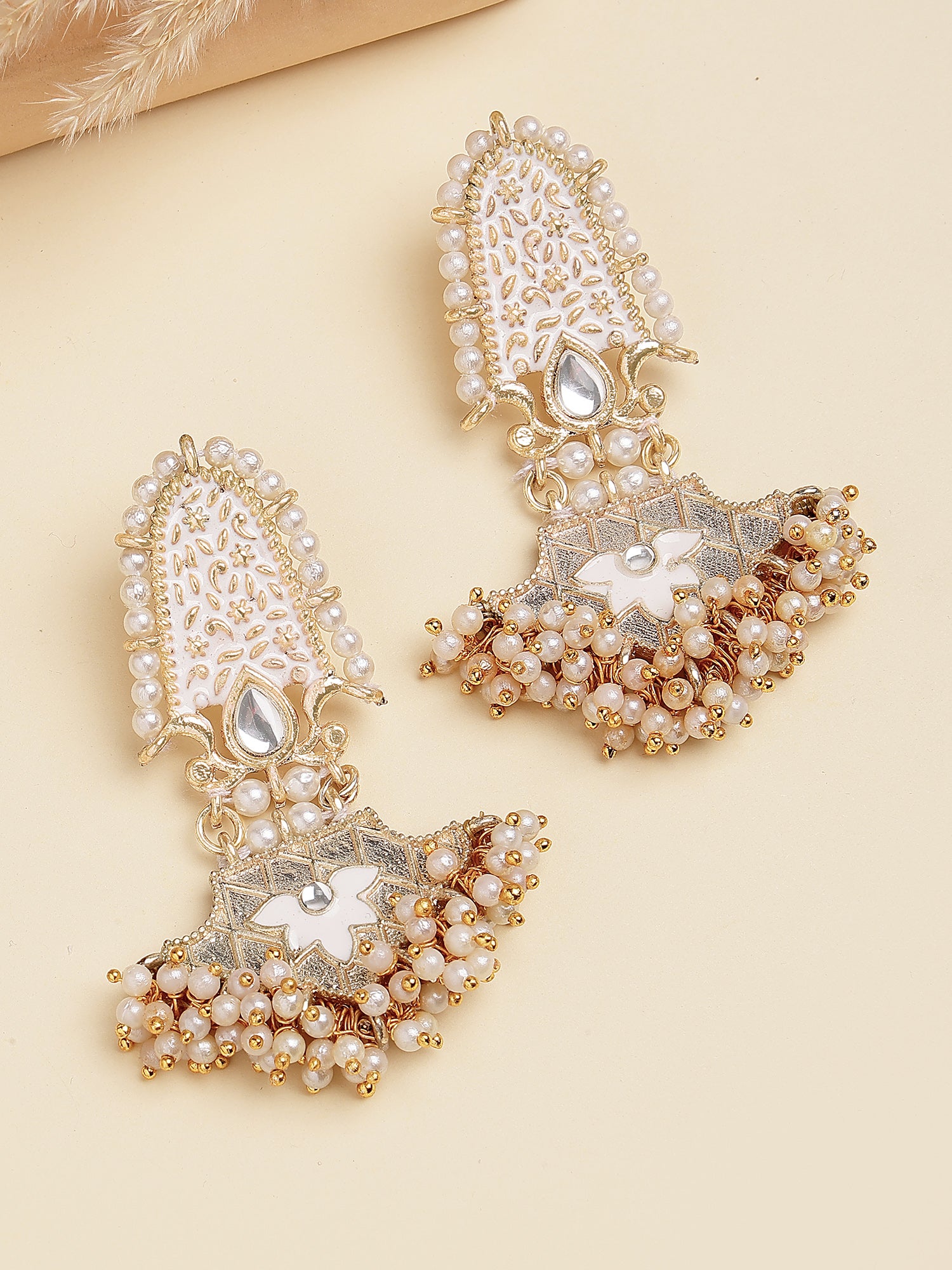 Karatcart Elegant White Meenakari and Pearl Dangler Earrings with Gold Finish