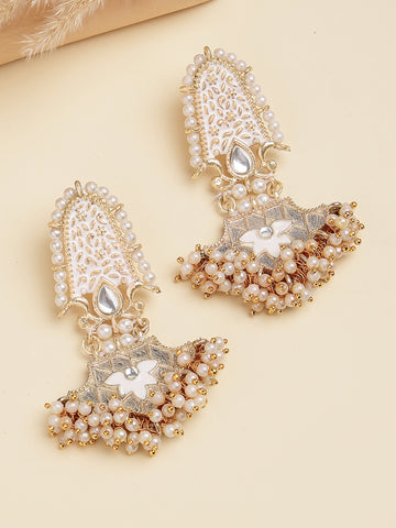 Karatcart Elegant White Meenakari and Pearl Dangler Earrings with Gold Finish