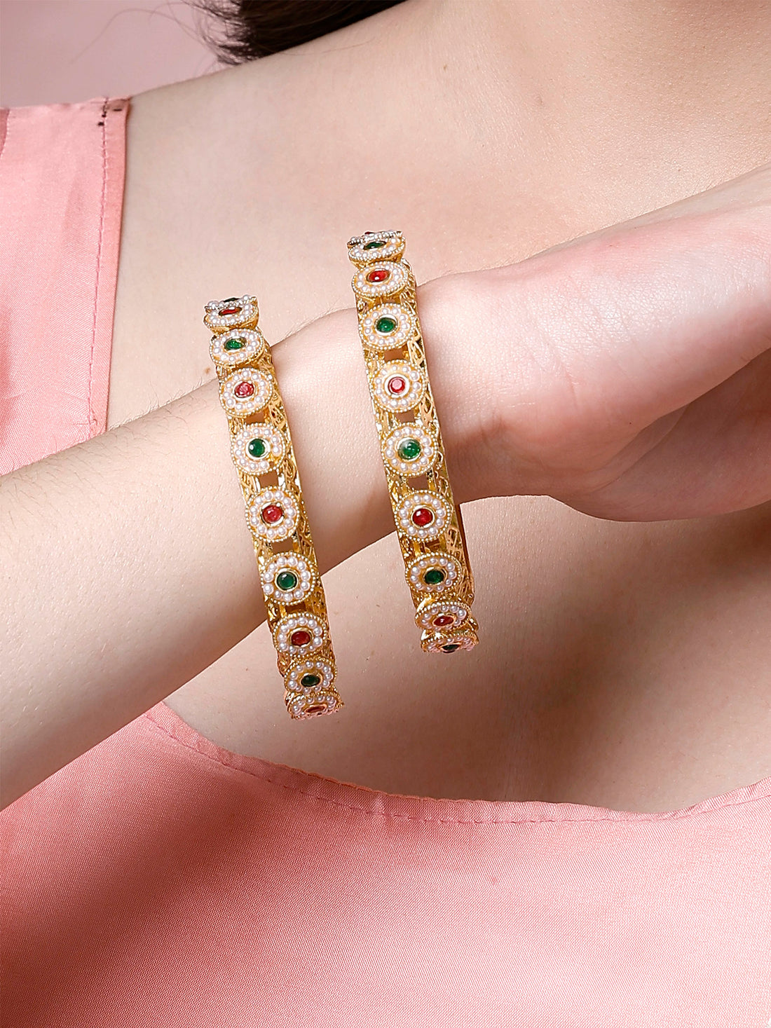 Karatcart Set of 2 Red and Green Stone Studded Gold Plated Pearl Bangles for Women