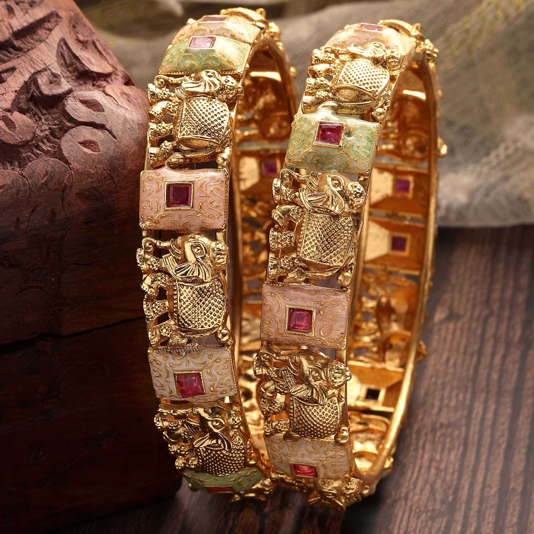 Karatcart Set of 2 Gold Plated Elephant Design Pink and Lime Green Meena Bangles for Women
