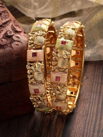 Karatcart Set of 2 Gold Plated Elephant Design Pink and Lime Green Meena Bangles for Women
