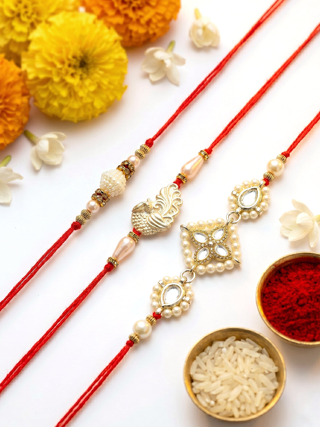 KARATCART Set of 3 Handmade Peacock Design Pearl Kundan Rakhis for Brother with Roli & Chawal