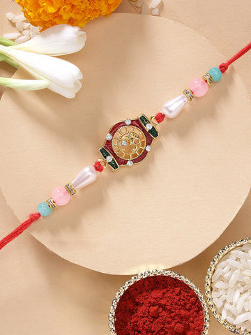 KARATCART Traditional OM Shape Handmade Meenakari Rakhi for Brother with Roli & Chawal