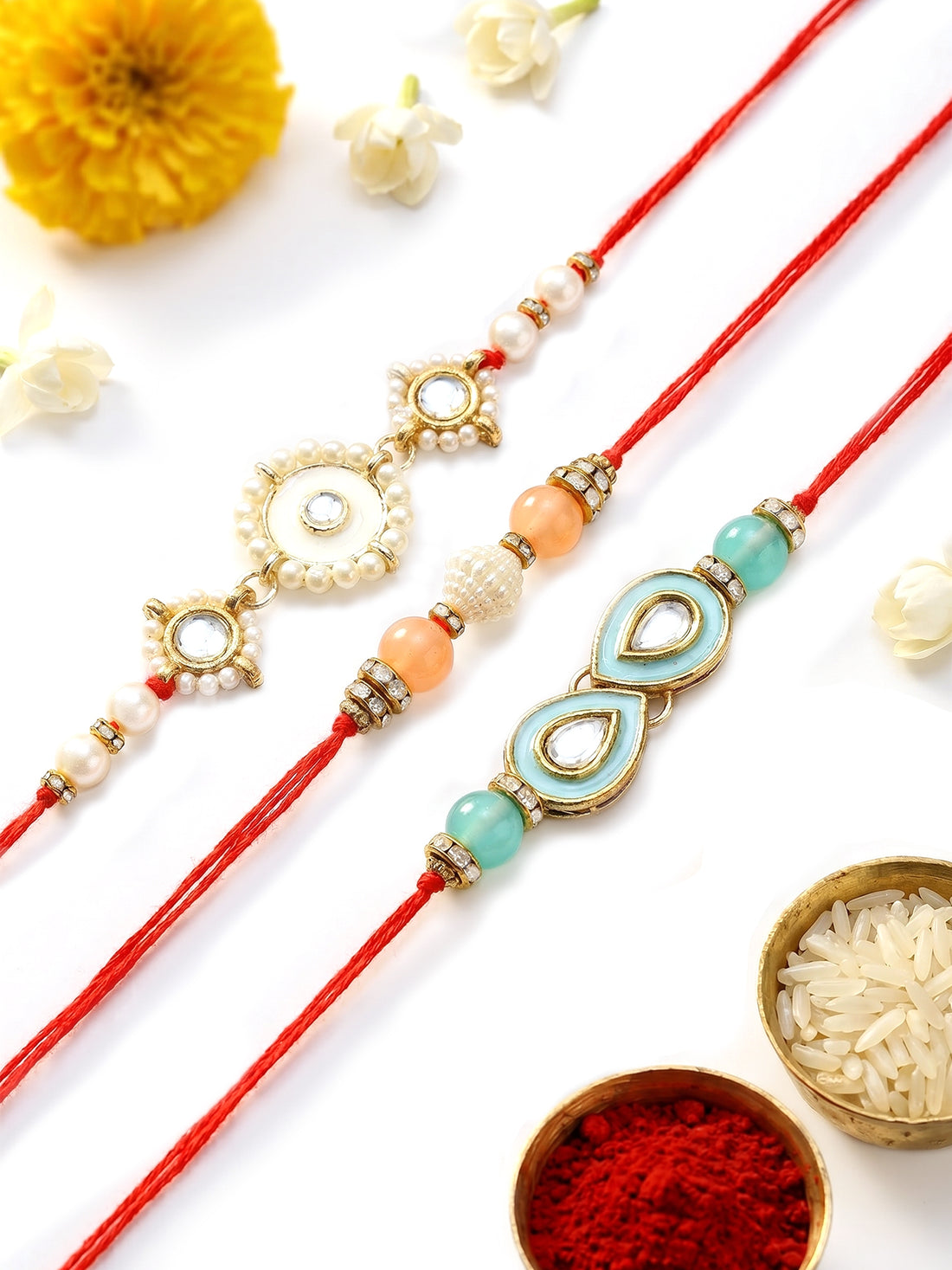 KARATCART Set of 3 Handmade Meenakari Floral Kundan Rakhis for Brother with Roli & Chawal