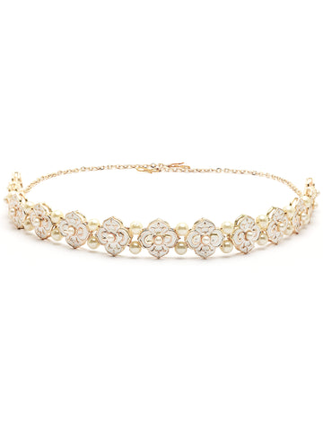 Karatcart Luxurious Gold-Plated Kundan Meenakari Hairband with Elegant Pearl for Women