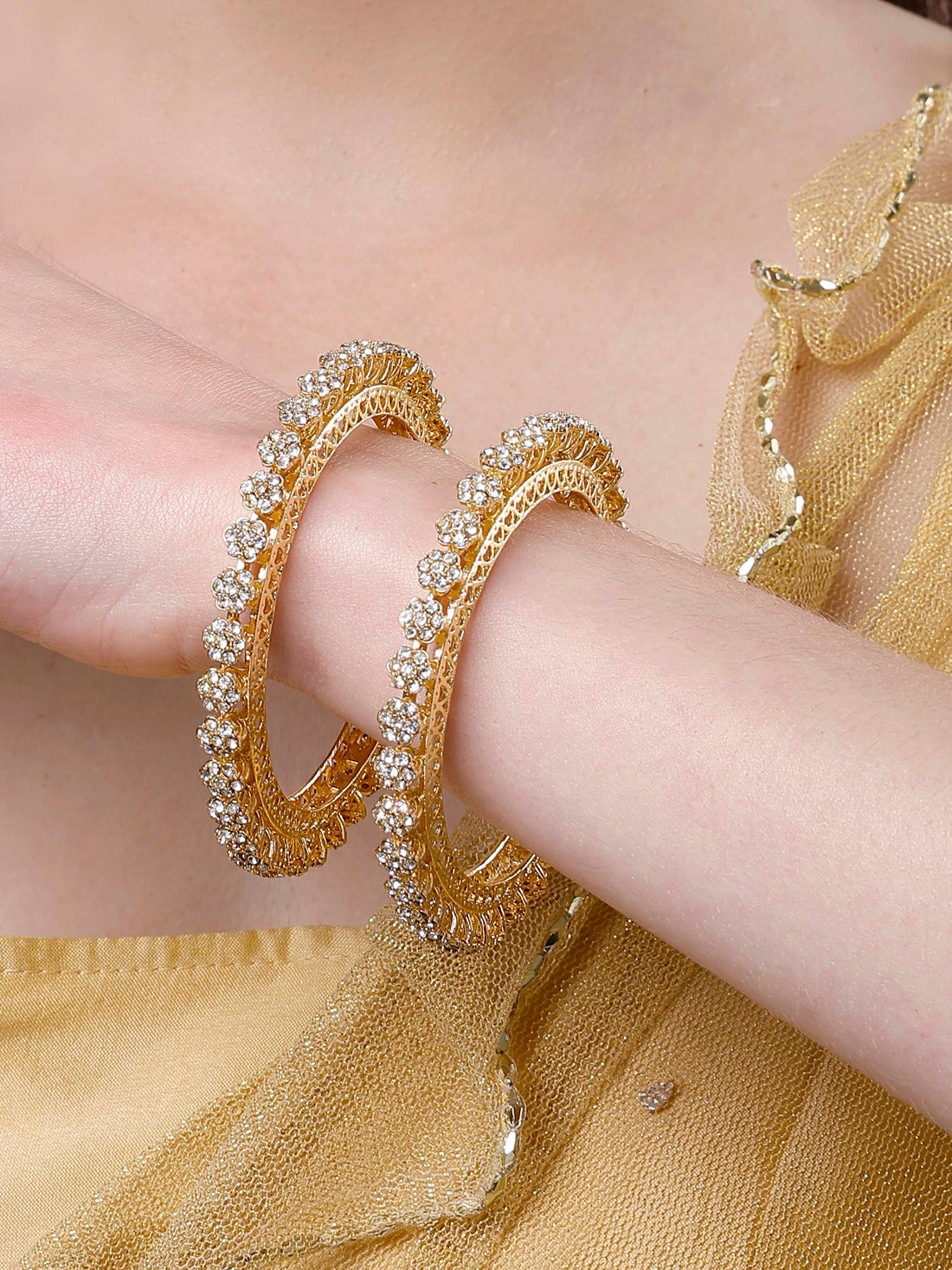 Karatcart Floral Design Set of 2 American Diamond Studded Gold Plated Bangles for Women