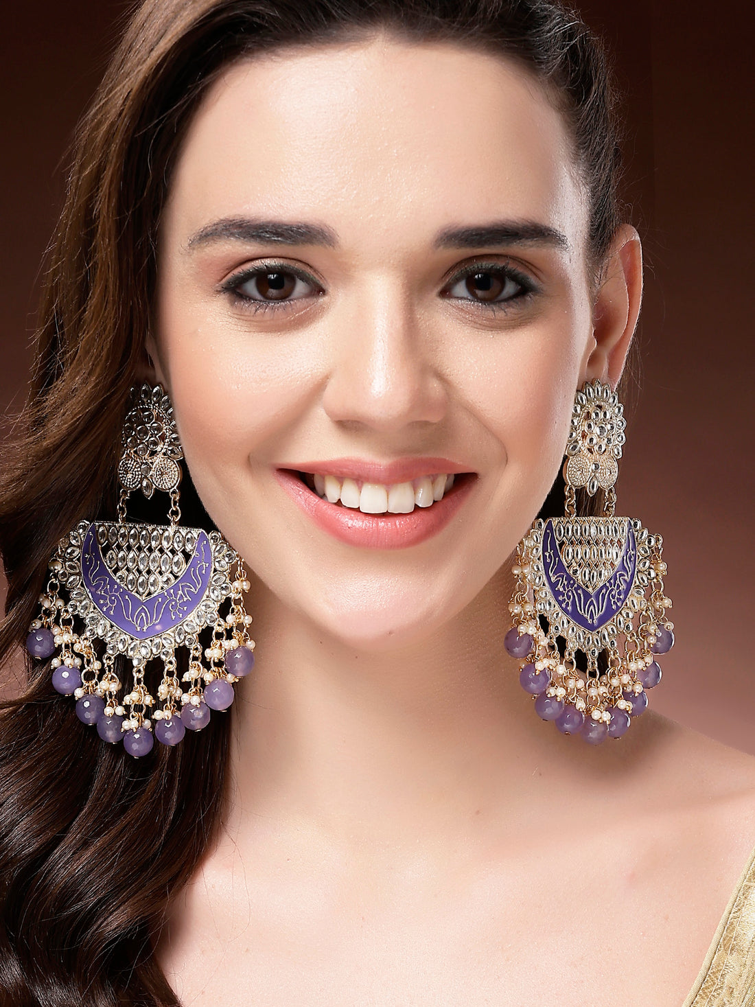 Karatcart Gold Plated Purple Beads Enamel Kundan Dangler Earrings for Women