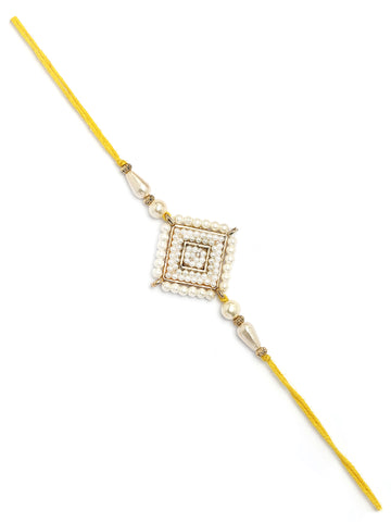 Karatcart Gold Plated White Pearl Studded Floral Kundan Bhiya Rakhi with Roli & Chawal