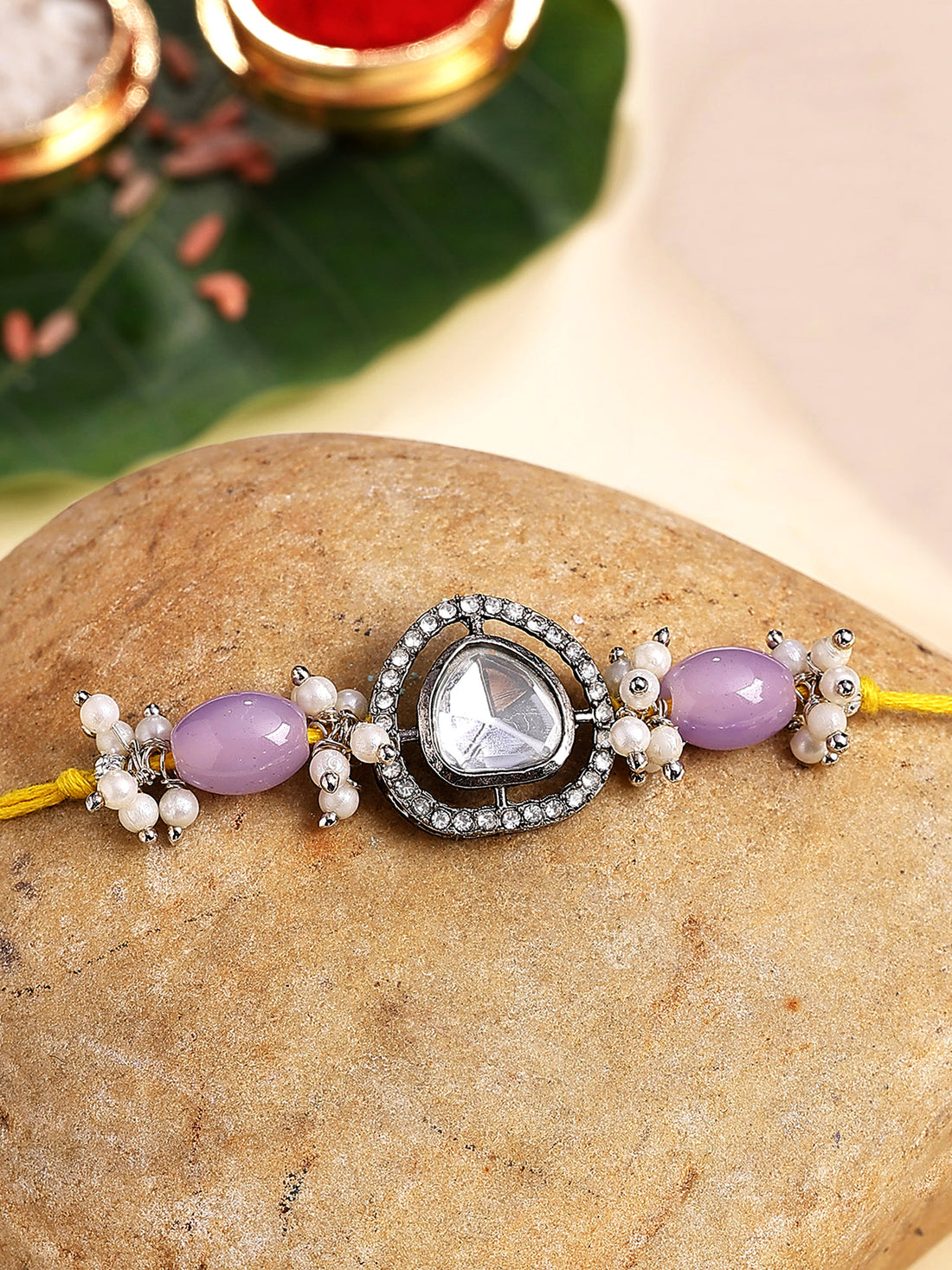 Karatcart Purple Beads Black Polki Kundan Bhiya Rakhi with Roli & Chawal