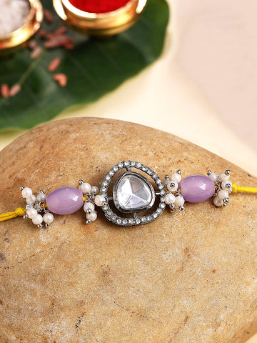 KARATCART Purple Beads Black Polki Kundan Bhaiya Rakhi with Roli & Chawal