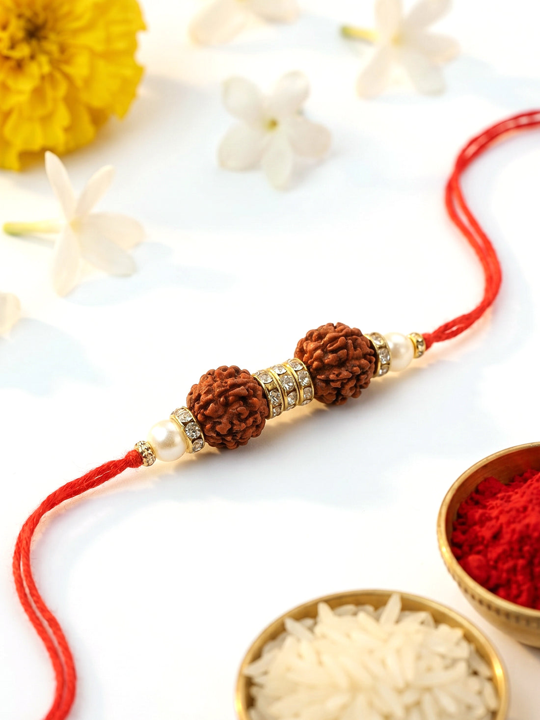 KARATCART Gold Plated Double Rudraksha Designer Bhaiya Rakhi with Roli & Chawal