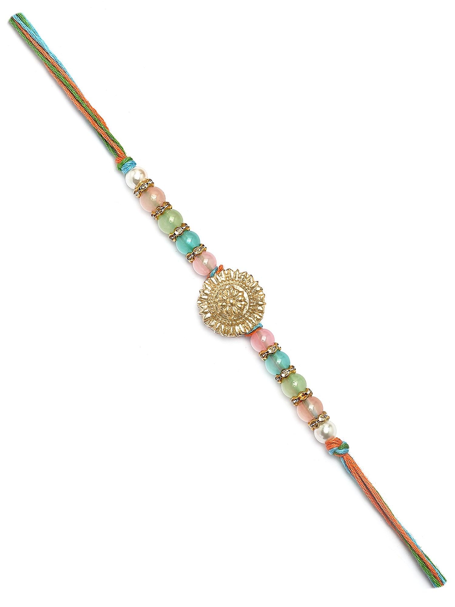 Karatcart Gold Plated Multicolor Beads Kundan Bhiya Rakhi with Roli & Chawal