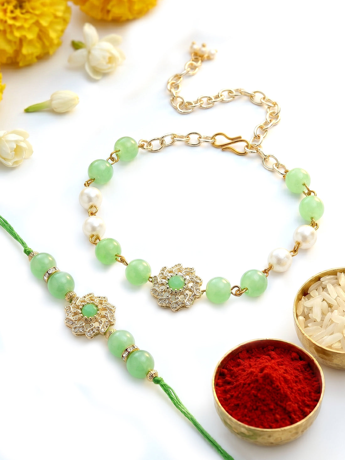KARATCART Light Green Bead Floral Design Handmade Kundan Bhaiya Bhabhi Rakhi with Roli and Chawal