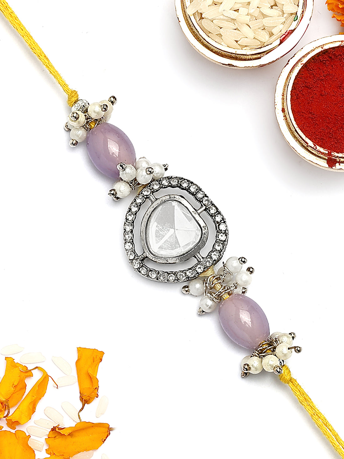 KARATCART Purple Beads Black Polki Kundan Bhaiya Rakhi with Roli & Chawal