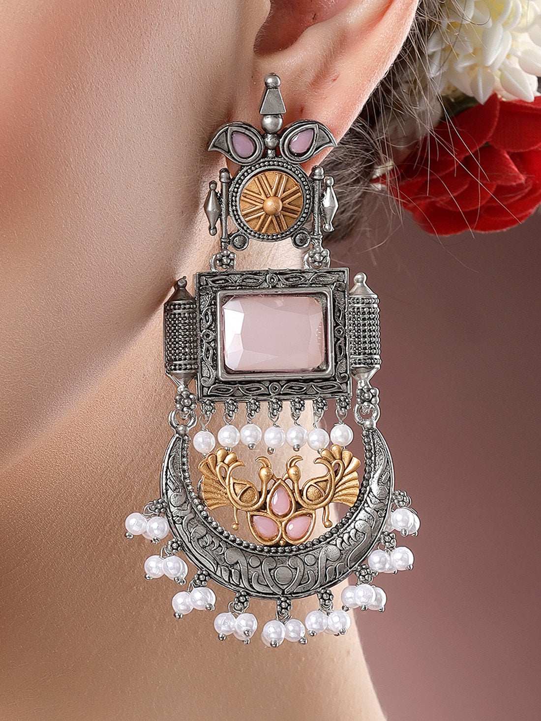 Karatcart Oxidised Silver and Gold Plated Pink Stone Drop Earrings for Women