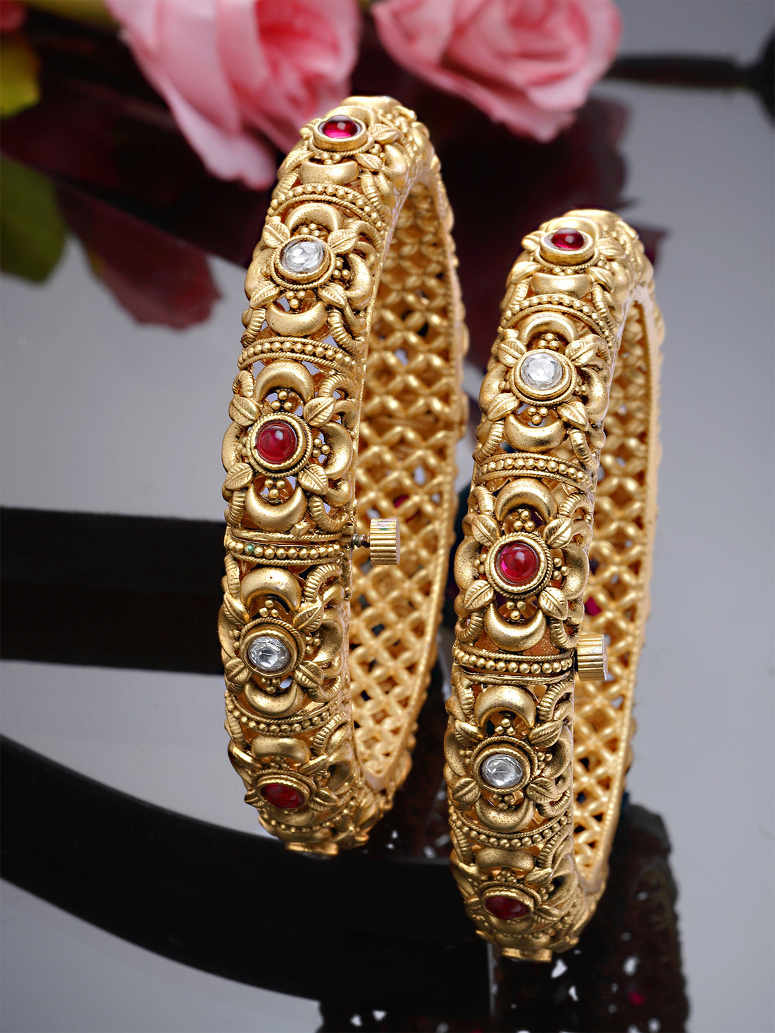 Karatcart Rajwadi Set of 2 Antique Gold Plated Floral Rajwadi Temple Bangles for Women