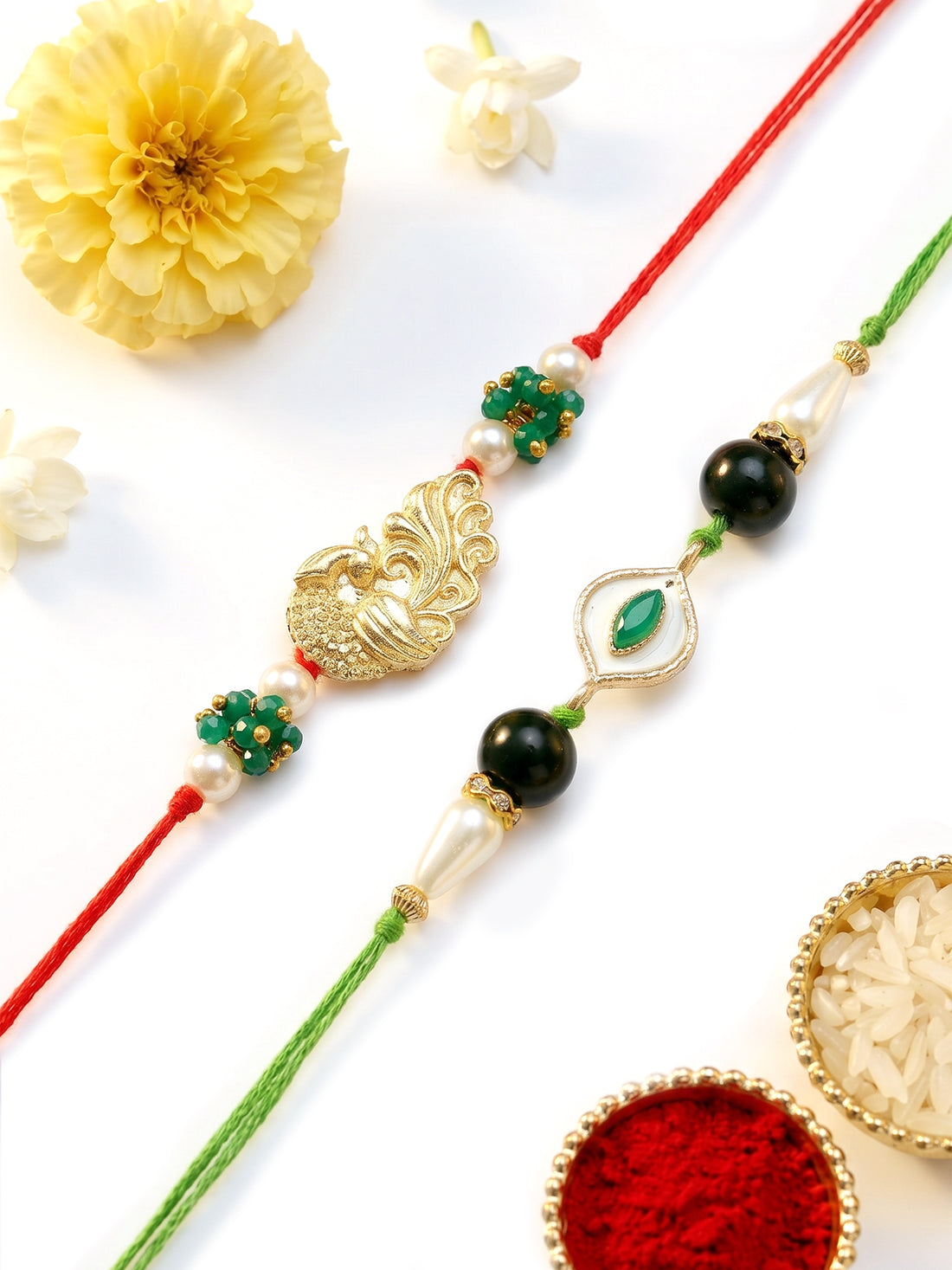 KARATCART Set of 2 Green Evil Eye and Peacock Kundan Handmade Rakhi for Brother with Roli & Chawal