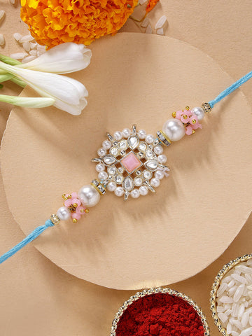 KARATCART Beautiful Floral Design Pink Stone Handmade Kundan Rakhi for Brother with Roli Chawal