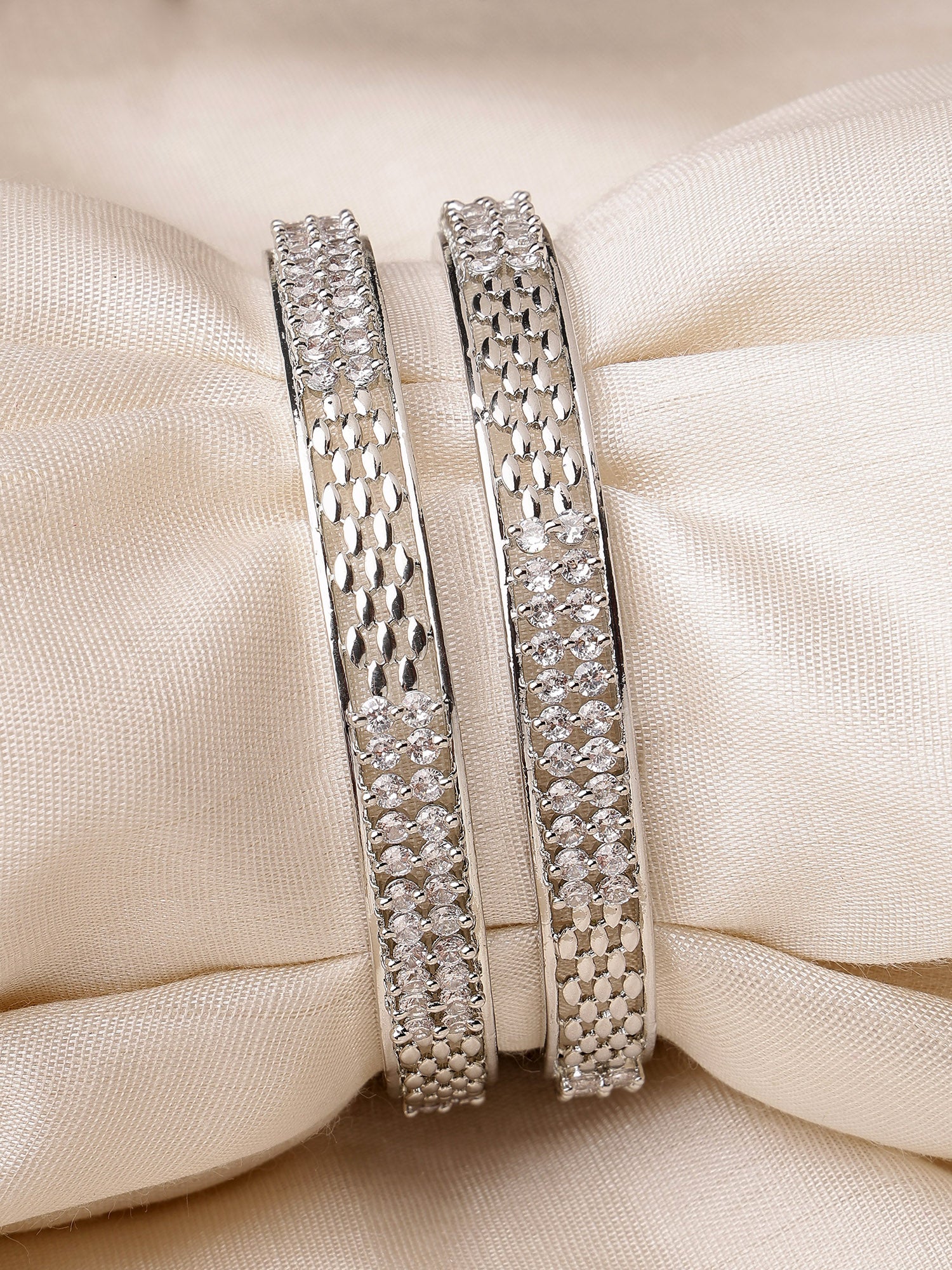 Karatcart Silver Plated Set of 2 American Diamond Studded Bangles for Women