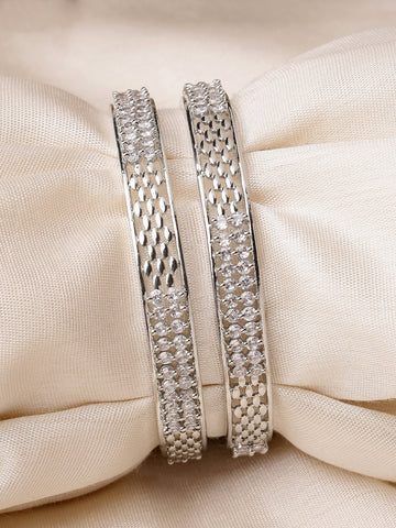 Karatcart Silver Plated Set of 2 American Diamond Studded Bangles for Women