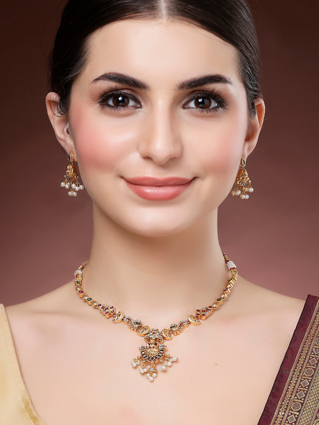 Karatcart Traditional Laxmi Mata Gold Plated Stone Studded Temple Necklace Set for Women