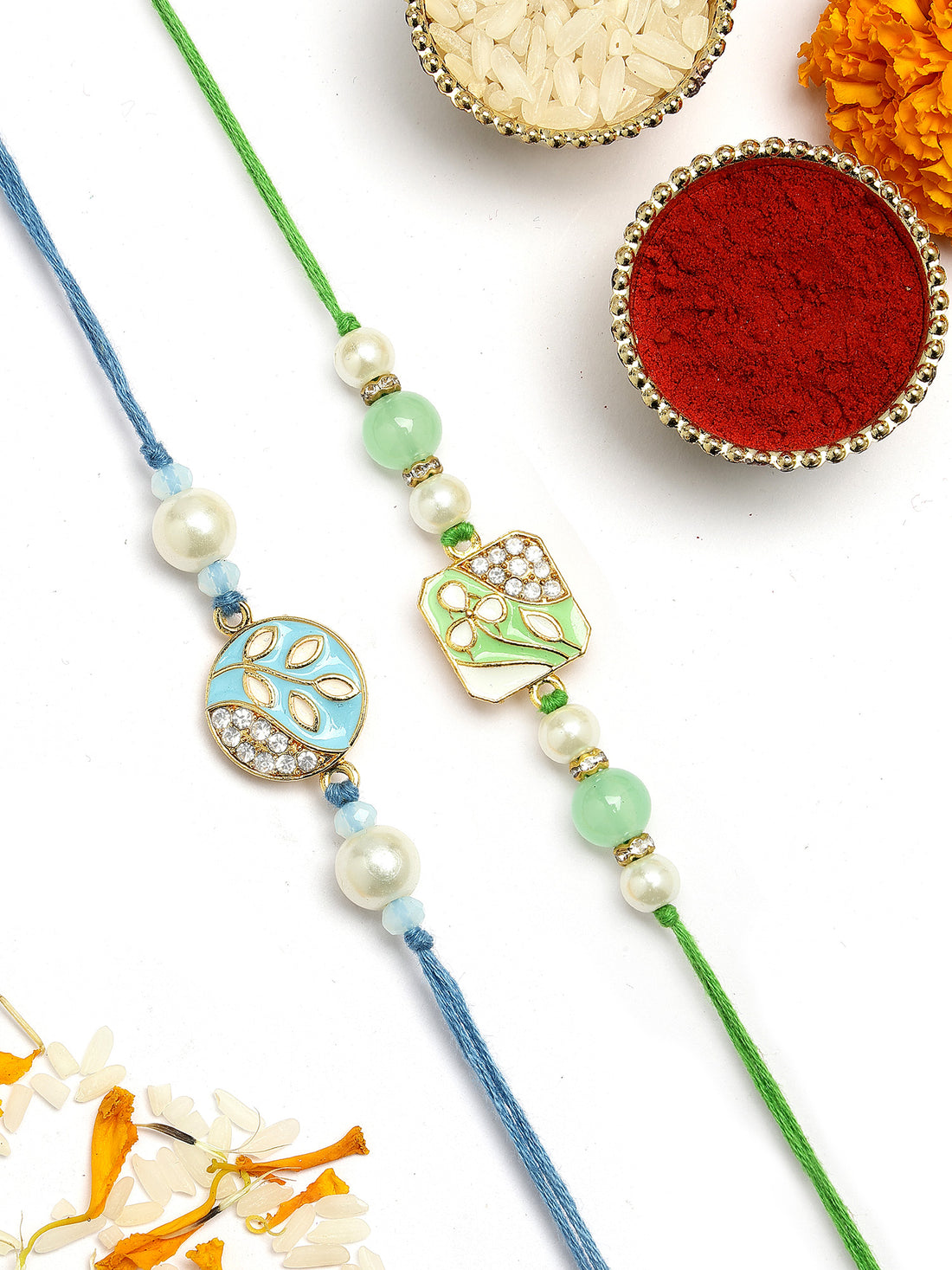 KARATCART Set of 2 Blue and Lime Green Handmade Kundan Rakhi for Brother with Roli & Chawal