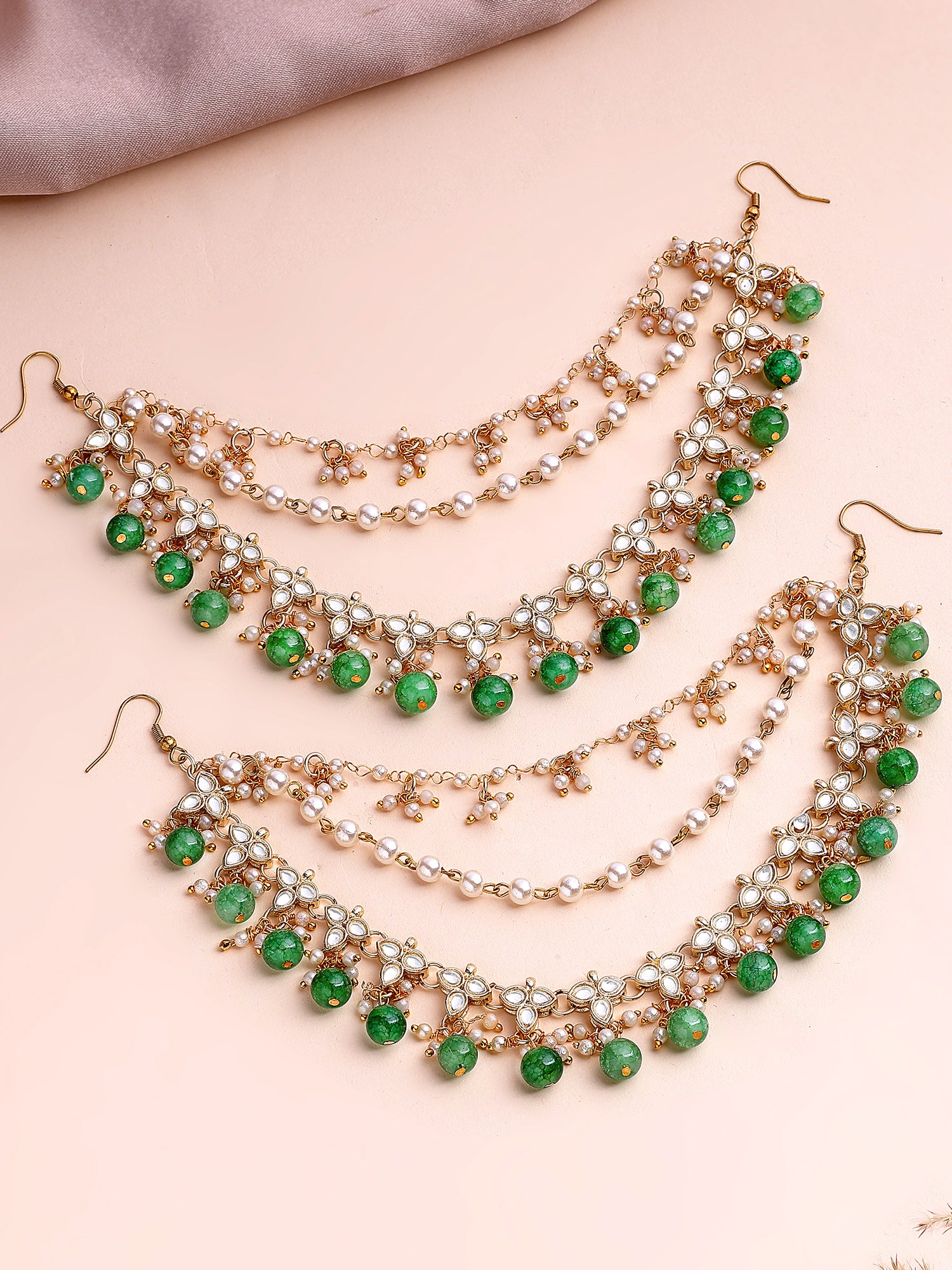 KARATCART Traditional Gold-Plated Green Beads Floral Kundan Kaanchain Earrings for Women