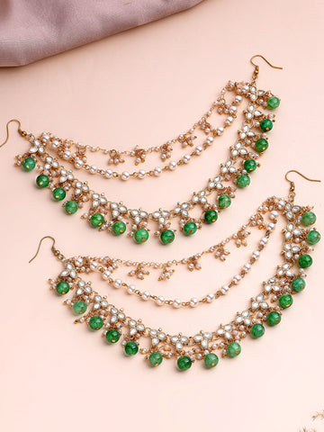 KARATCART Traditional Gold-Plated Green Beads Floral Kundan Kaanchain Earrings for Women