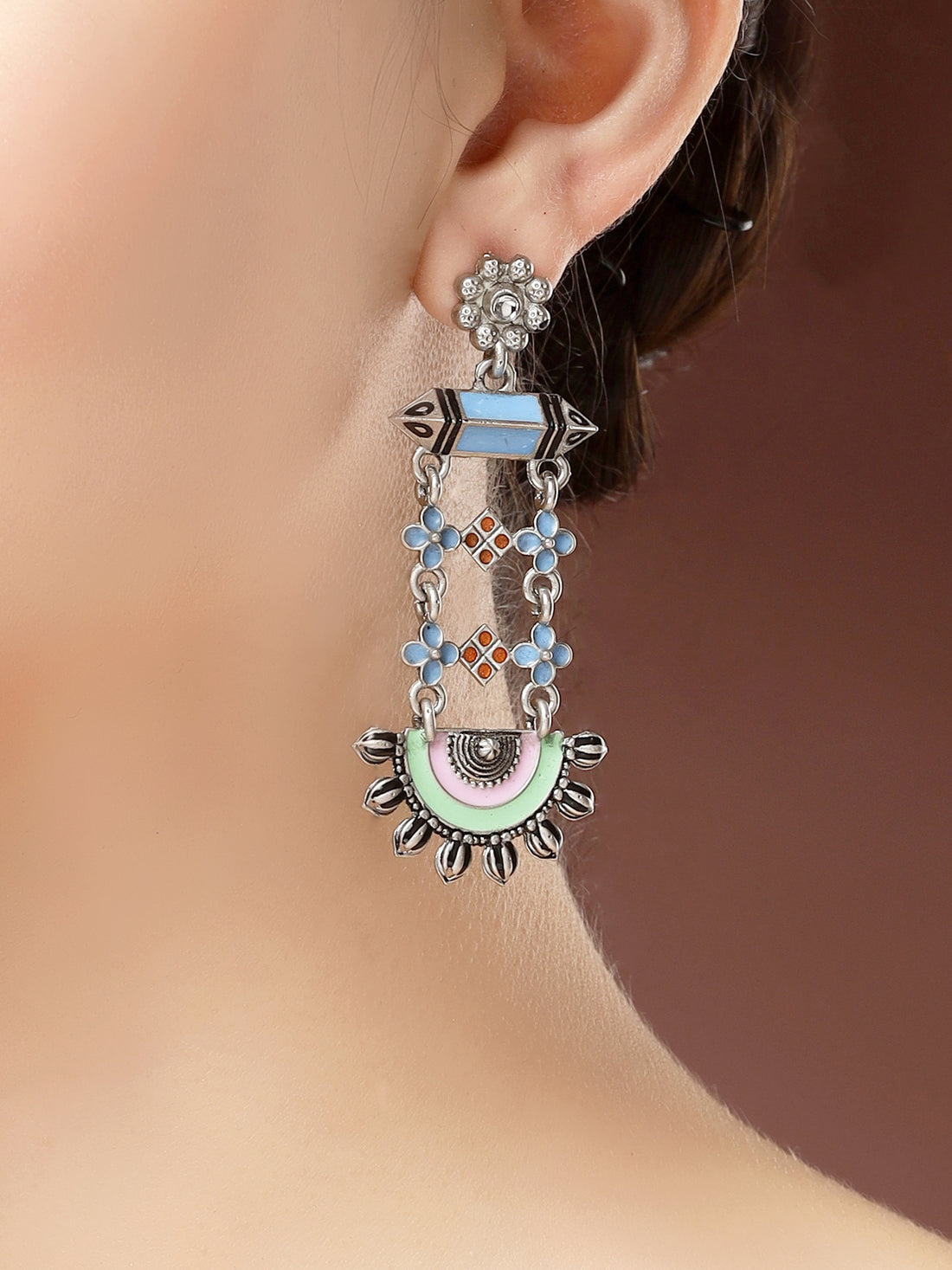 Karatcart Oxidized Silver Boho Tribal Colorful Enamel Dangler Earrings for Women