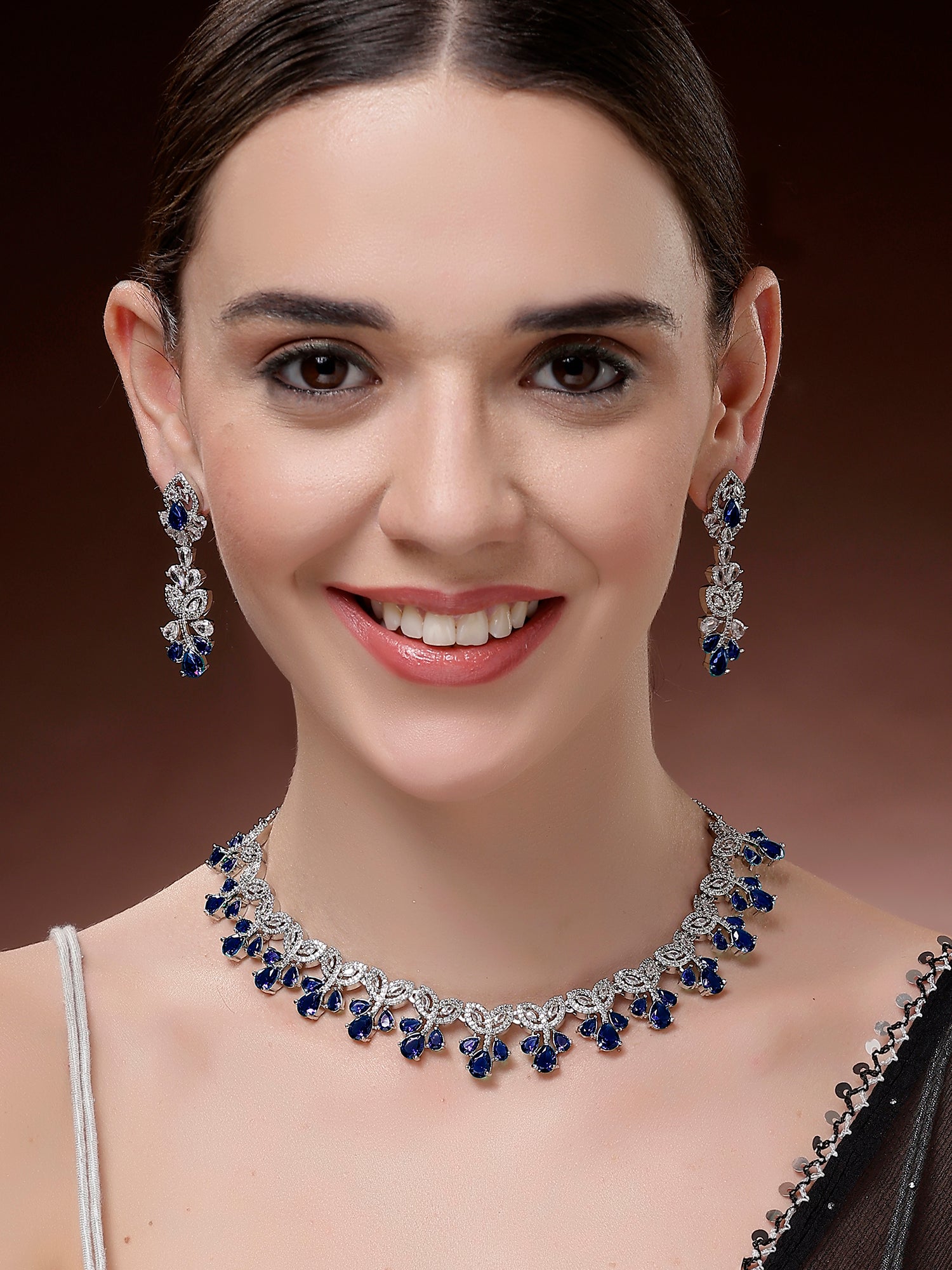 Karatcart Sparkling Blue Floral American Diamond Silver Plated Necklace Set for Women - view 3