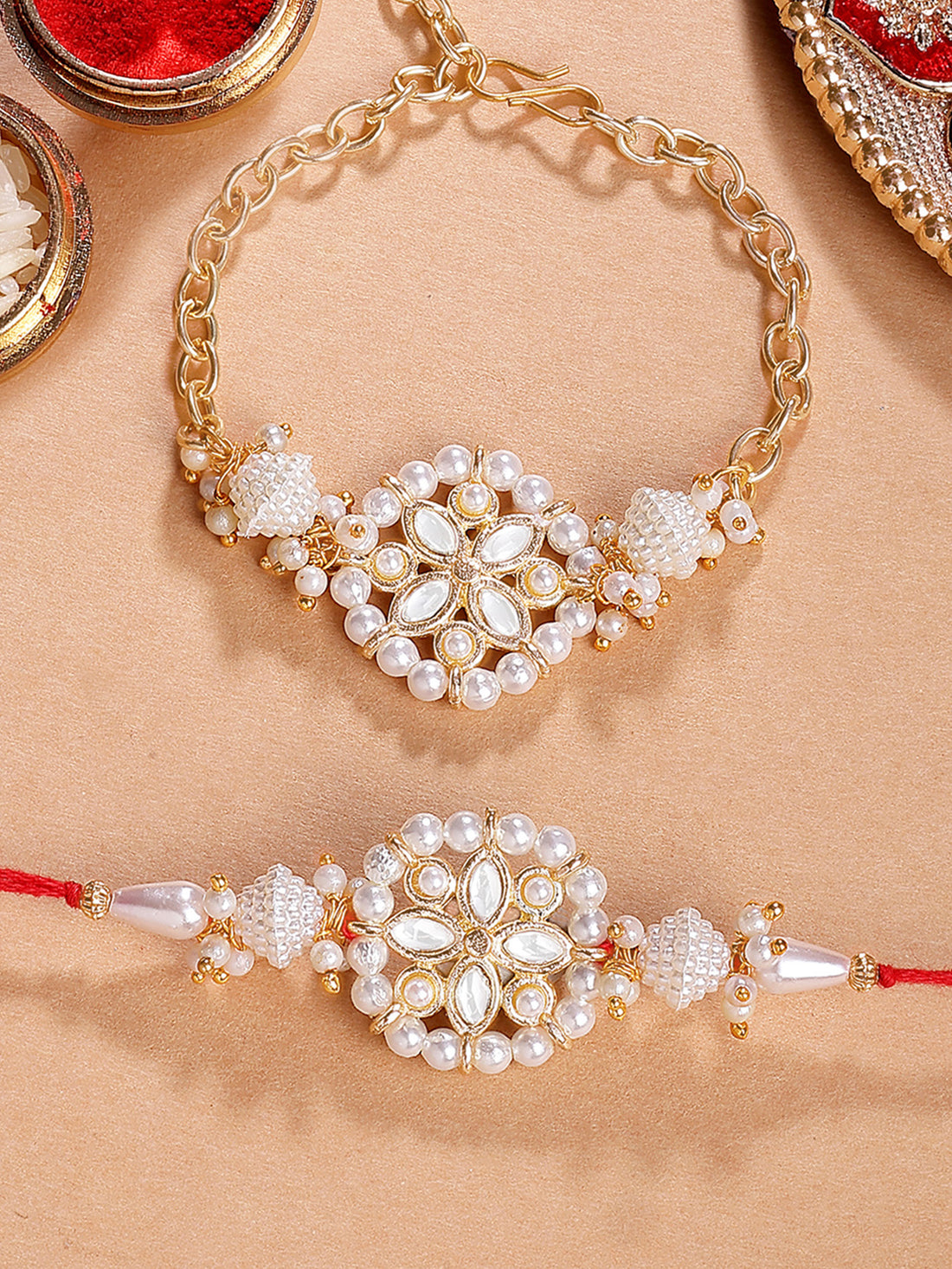 Karatcart Gold Plated Pearl Studded Floral Kundan Bhiya Bhabhi Rakhi with Roli & Chawal