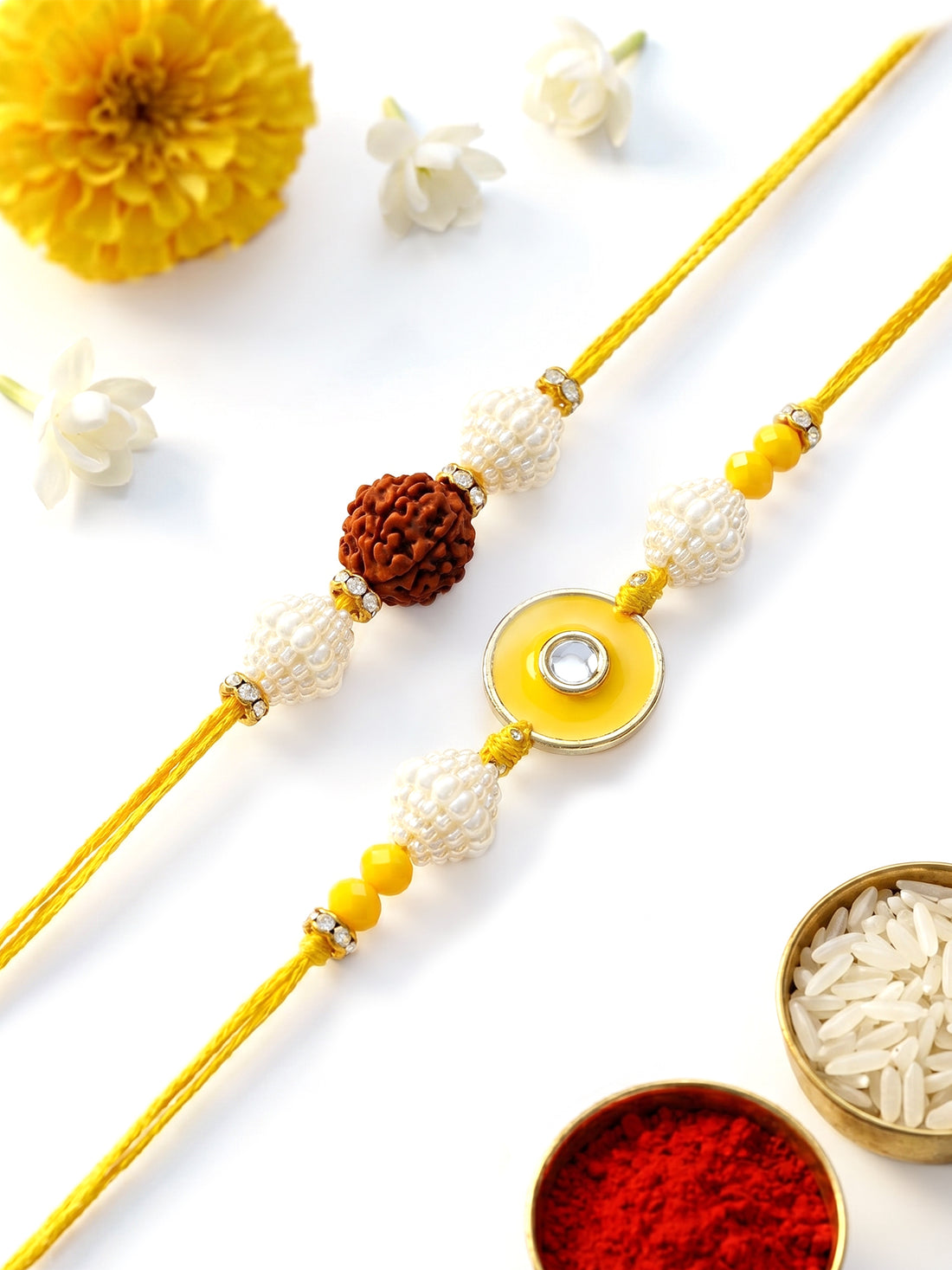 KARATCART Set of 2 Yellow Evil Eye & Rudraksha Handmade Kundan Rakhi for Brother with Roli & Chawal