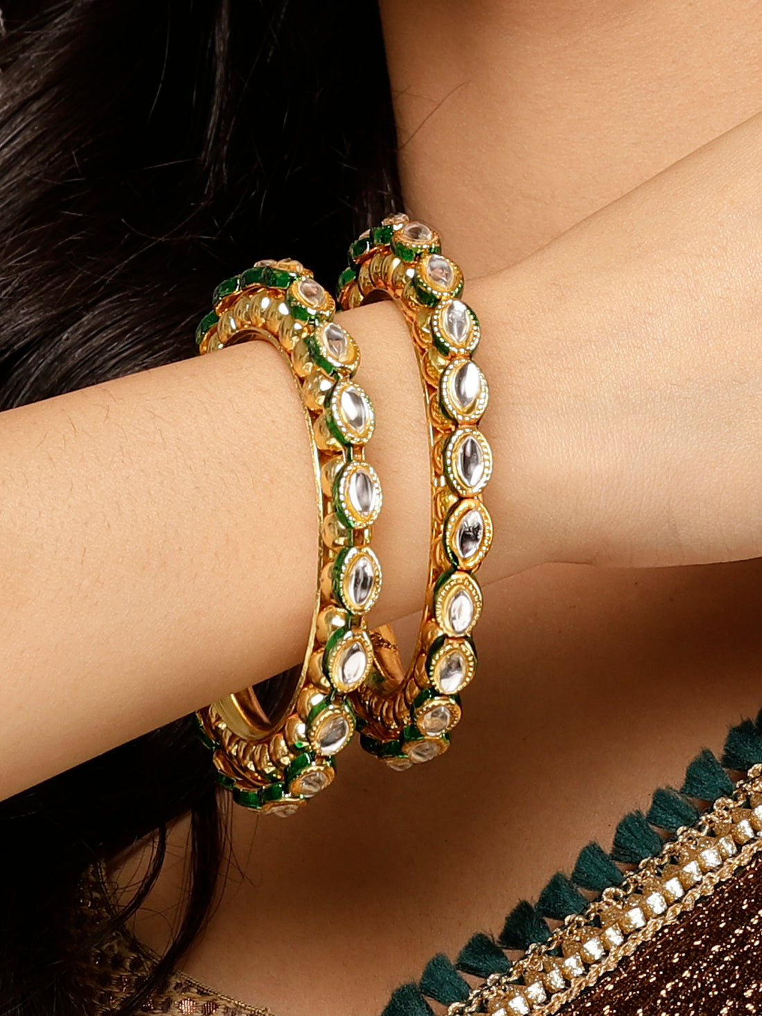 Karatcart Gold Plated Set of 2 Green Meena Bangles for Women