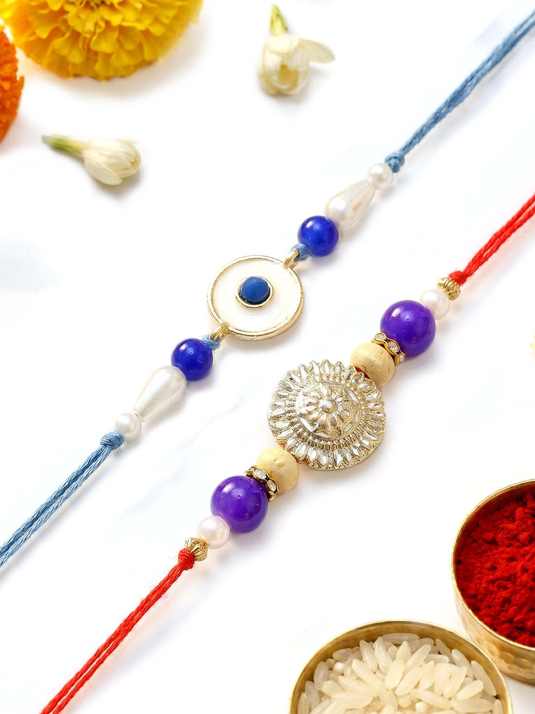 KARATCART Set of 2 Blue Meena Evil Eye Handmade Kundan Rakhi for Brother with Roli & Chawal