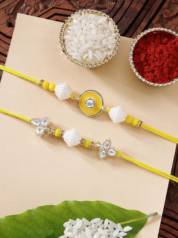 KARATCART Set of 2 Yellow Meena Evil Eye Handmade Kundan Rakhi for Brother with Roli & Chawal