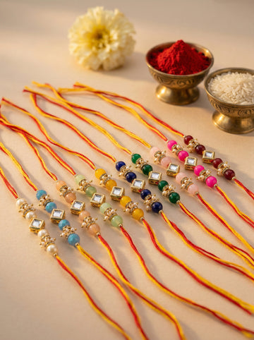 KARATCART Set of 10 Designer Square Kundan Multicolor Beaded Rakhi for Brother with Roli & Chawal