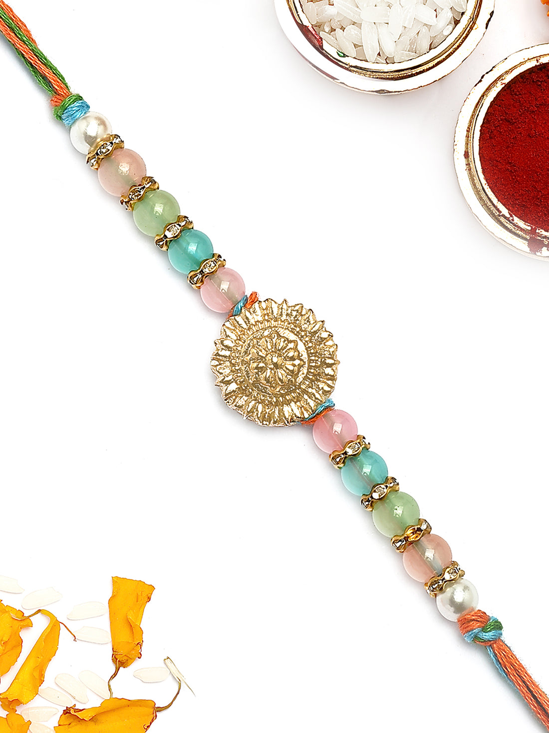 KARATCART Gold Plated Multicolor Beads Kundan Bhaiya Rakhi with Roli & Chawal