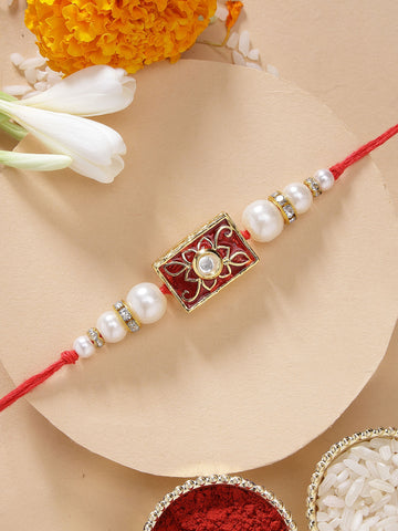 KARATCART Classic Red Meena Light Weight Handmade Kundan Rakhi for Brother with Roli & Chawal