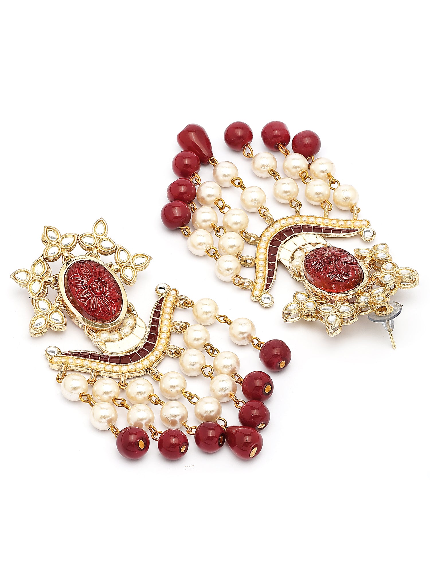 KARATCART Elegant Gold-Plated Red Carved Stone and Pearl Studded Kundan Dangler Earrings for Women - view 5