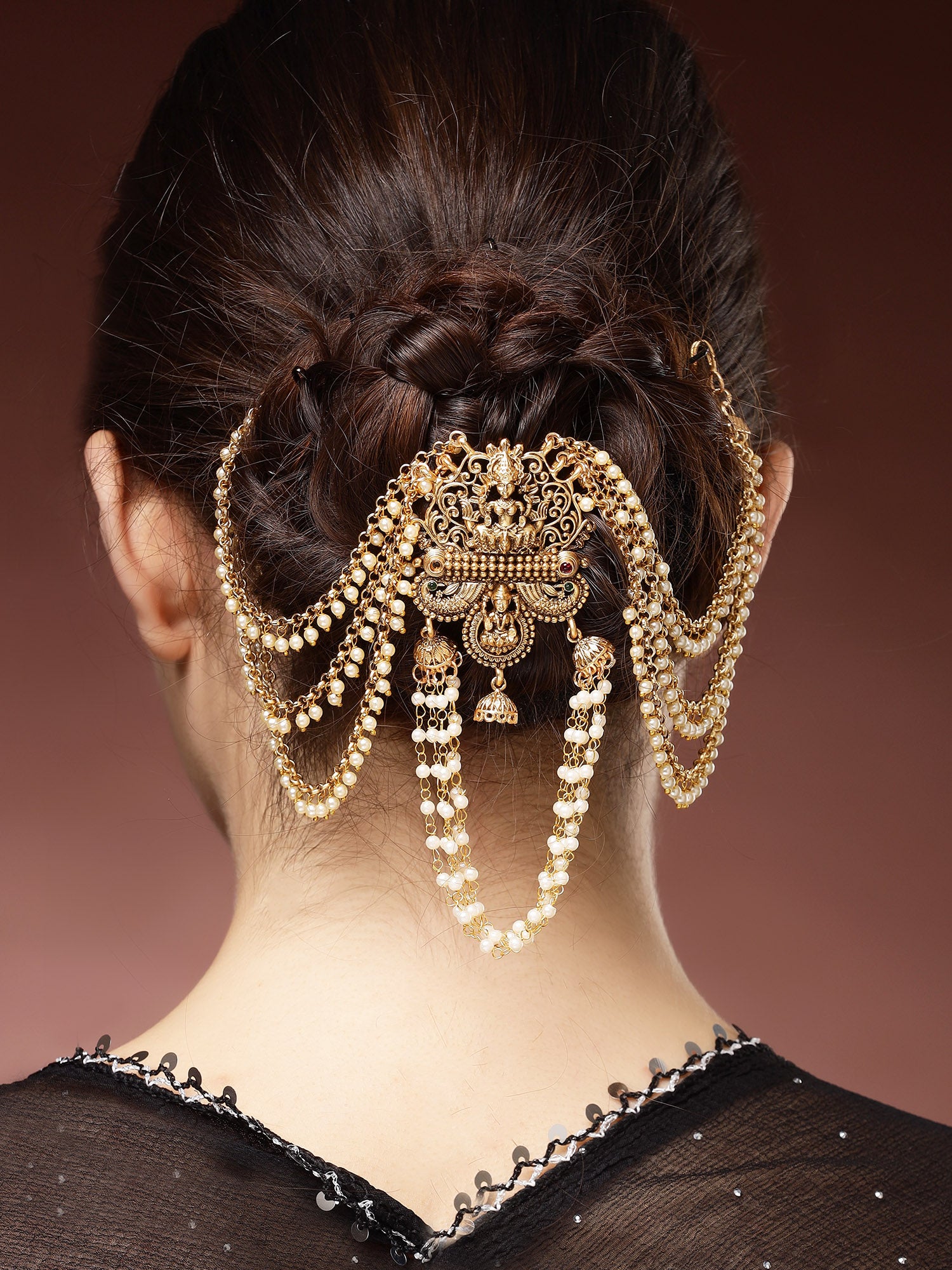 Karatcart Traditional Gold Plated Laxmi Mata Temple Hair Juda Pin with Pearl Chains for Women