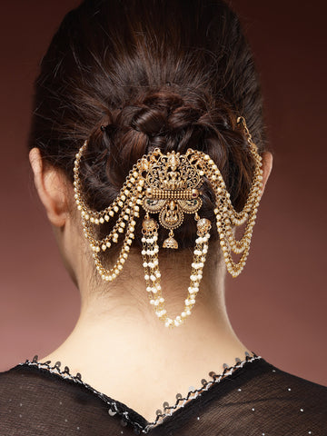 Karatcart Traditional Gold Plated Laxmi Mata Temple Hair Juda Pin with Pearl Chains for Women