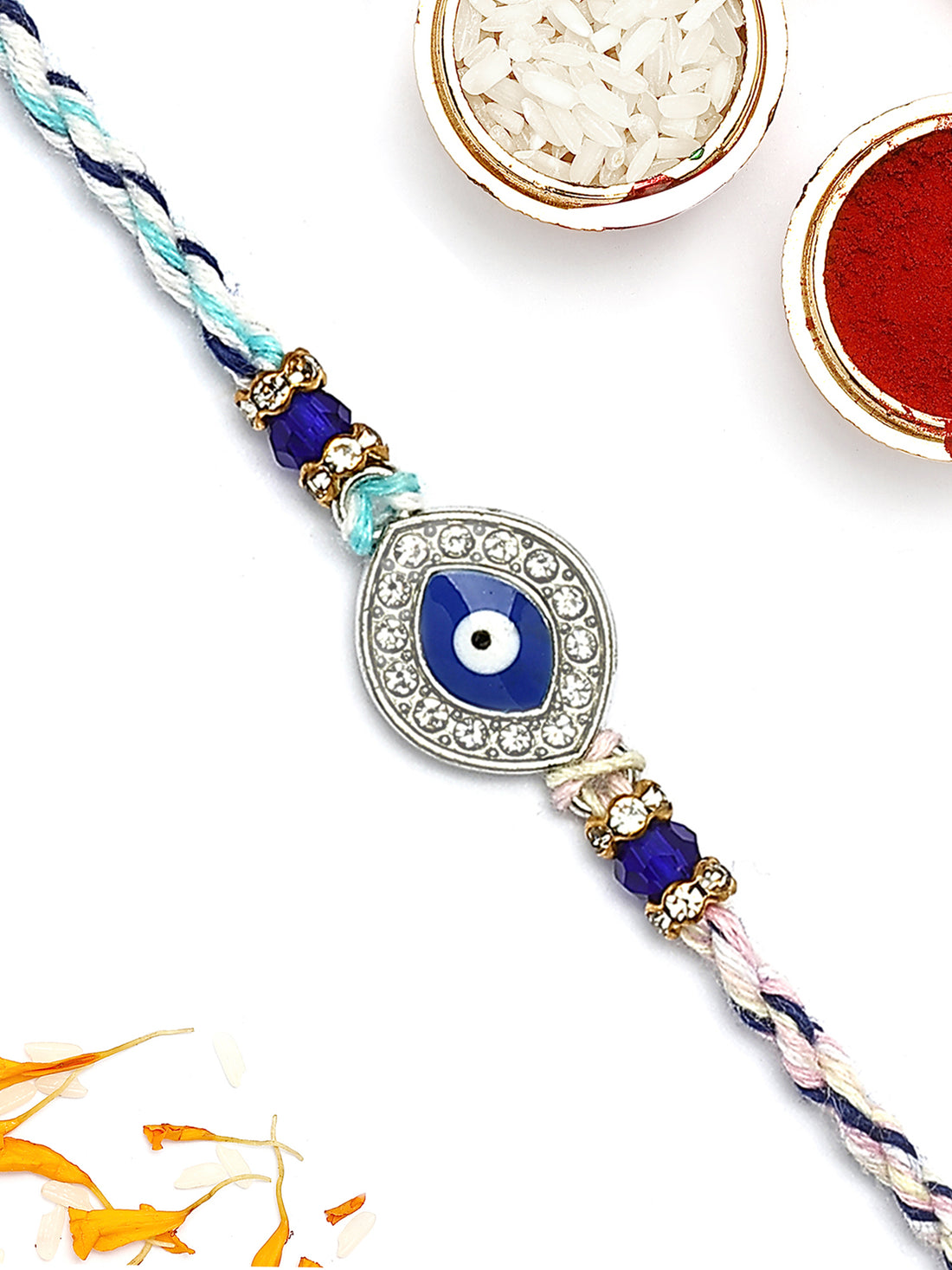 KARATCART Silver Plated Blue Evil Eye and American Diamond Bhaiya Rakhi with Roli & Chawal