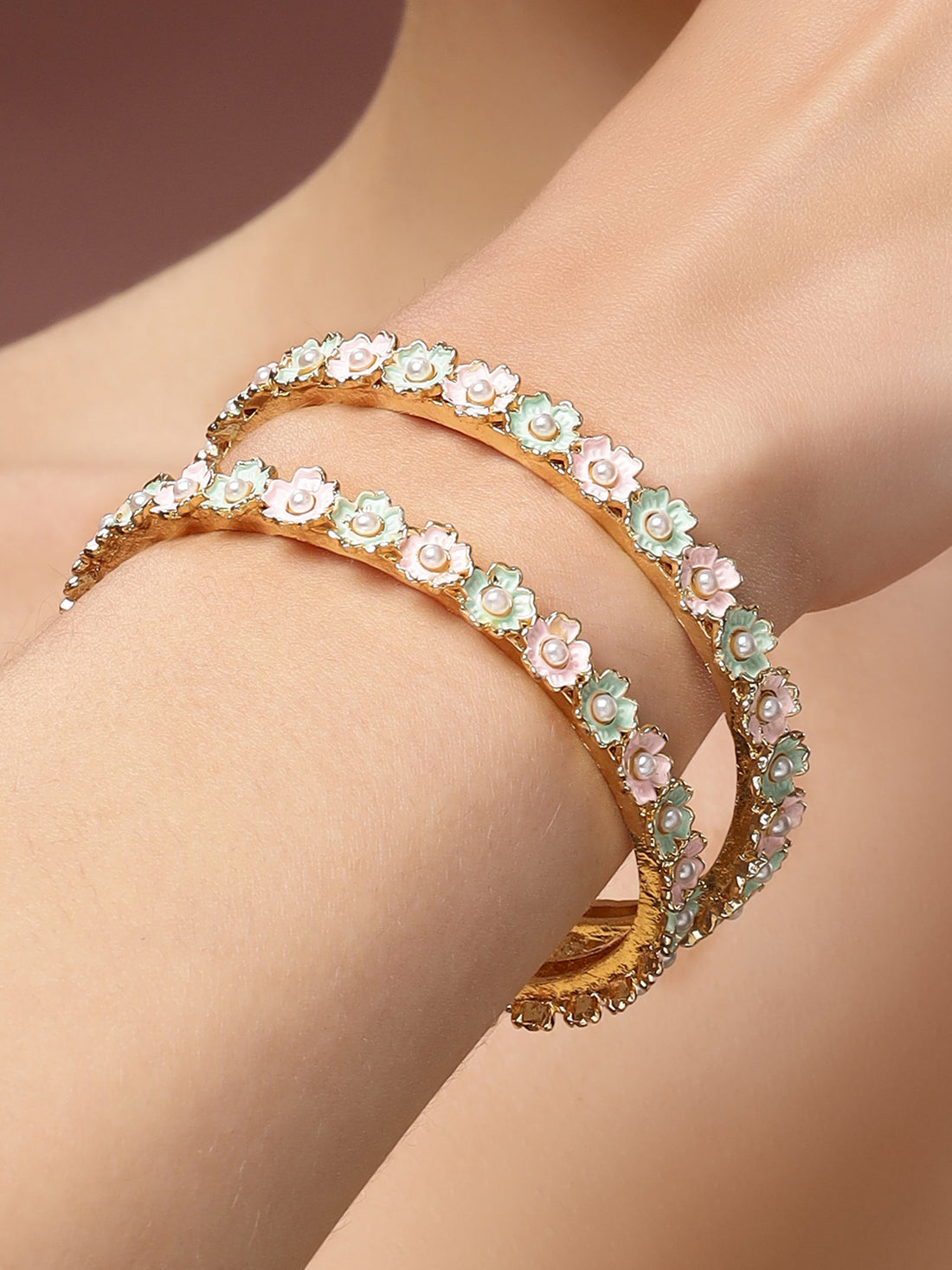 Karatcart Delicate Floral Design Pink & Mint Green Enamel Set of 2 Bangles for Women