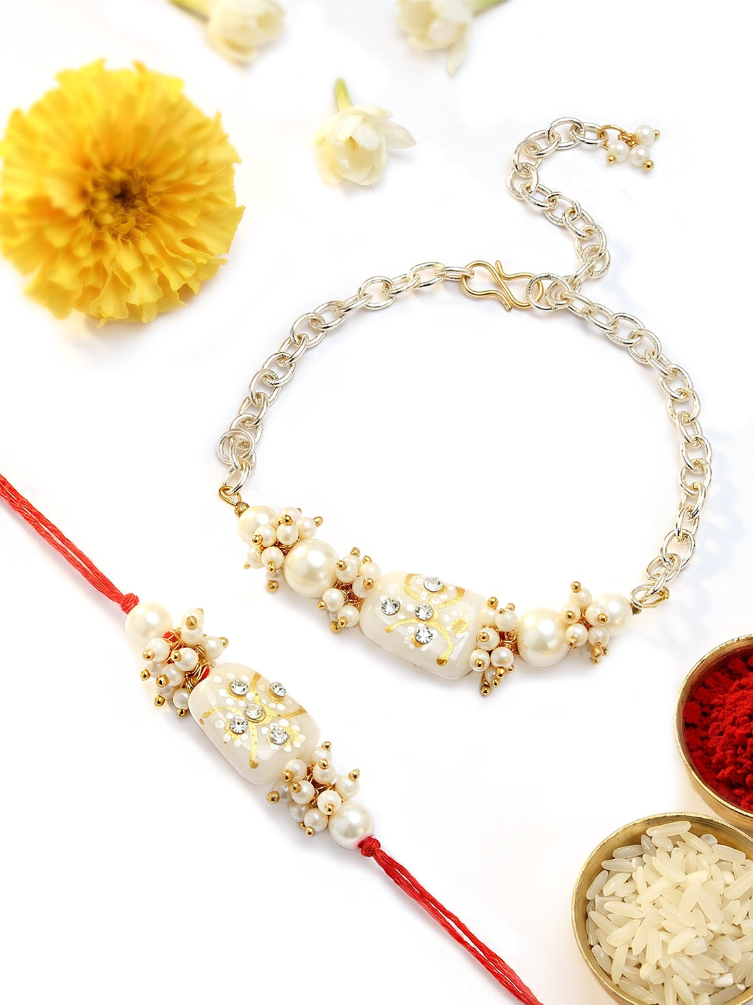 KARATCART White Tumble and Pearl Handmade Kundan Bhaiya Bhabhi Rakhi with Roli & Chawal