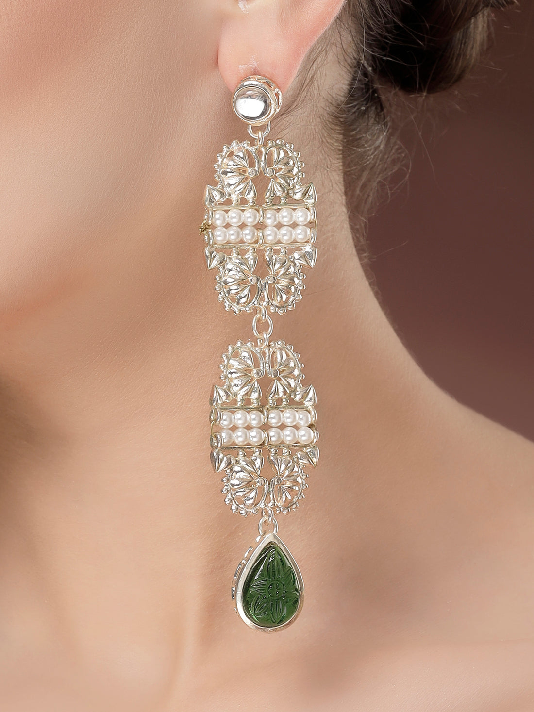 Karatcart Gold Plated Green Carved Stone Kundan Drop Earrings for Women