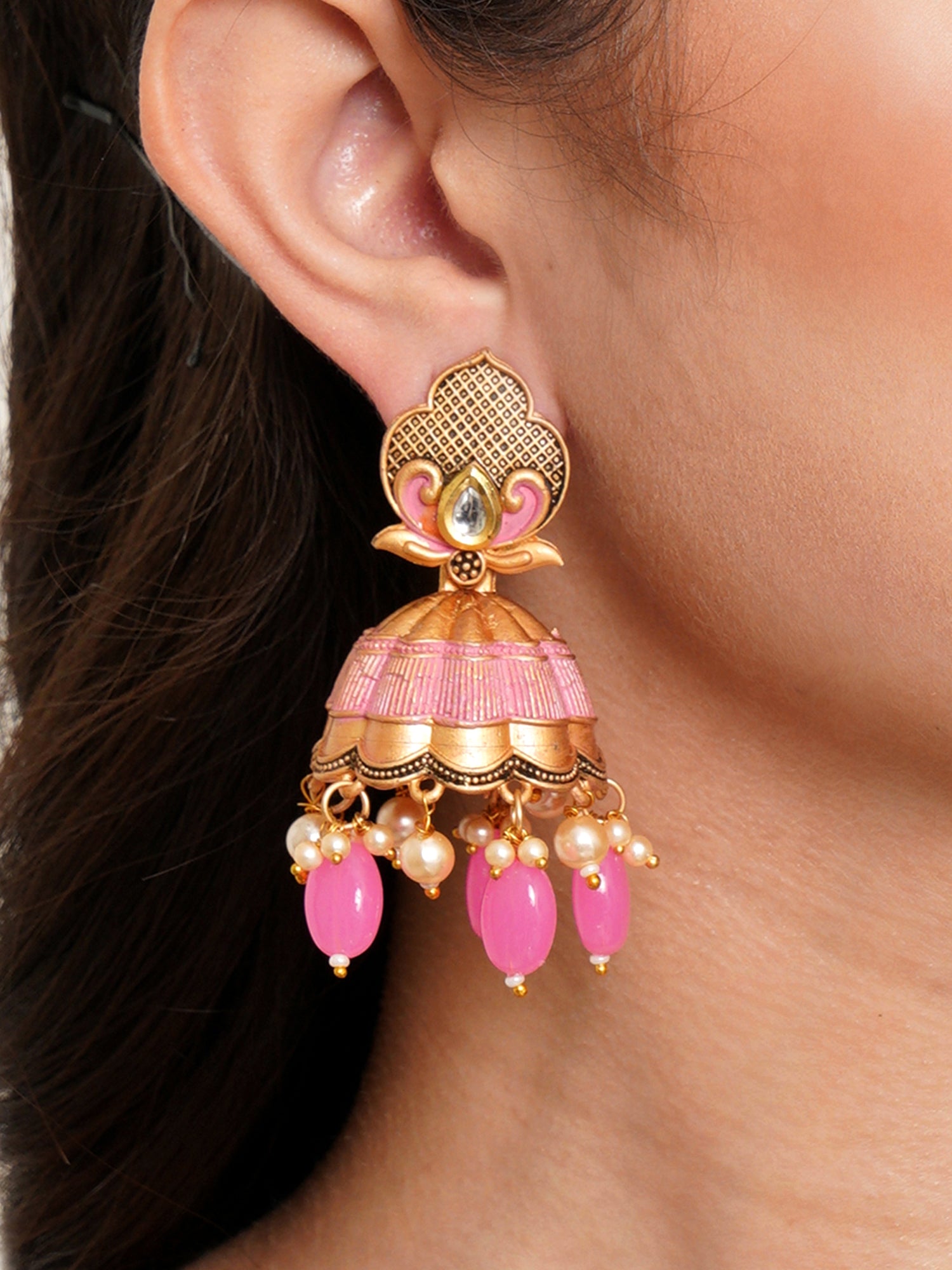 Karatcart Gold Plated Pink Tumble and Golden Pearl Studded Jhumki Earrings for Women - Image 1
